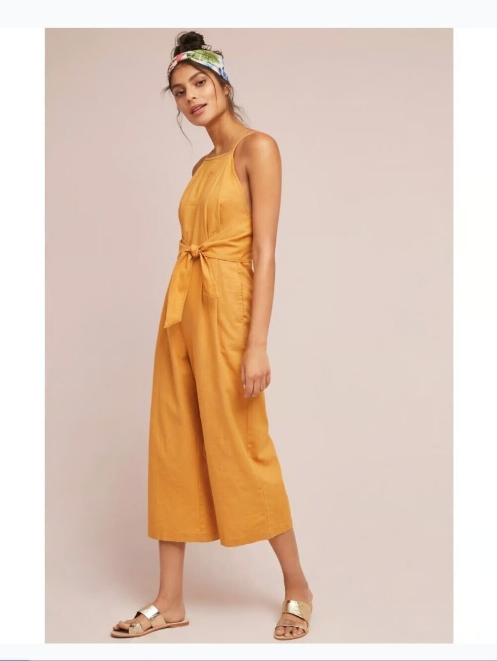 Greylin Linen Cotton Jumpsuit Tie Waist Wide Leg Mustard Anthropologie sz S